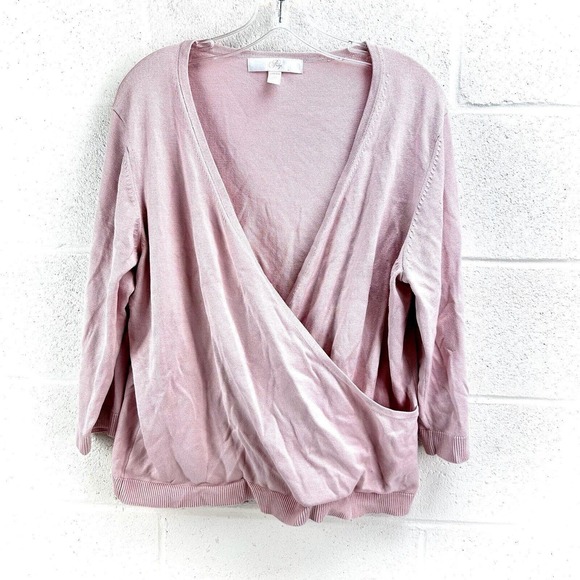 Prize Stretch Silk Blend Faux Wrap Long Sleeve V-Neck Pink Blouse Top Sz XXL - Picture 1 of 6